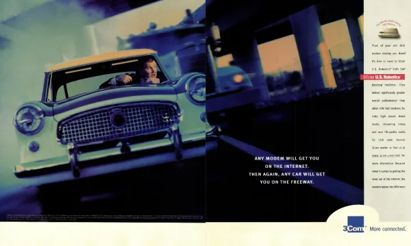 3Com U.S. Robotics modem spread showing a speeding vintage car, a dark freeway, and a slim column of modem copy.