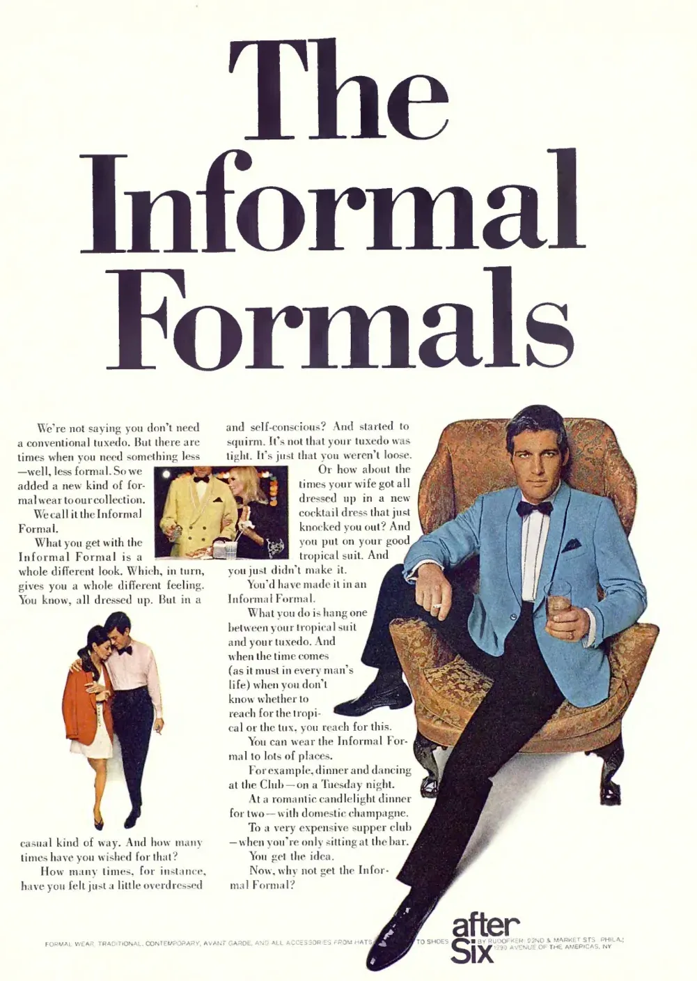 Man in a blue dinner jacket lounges with a drink beside two smaller scenes of couples dressed for evenings out.