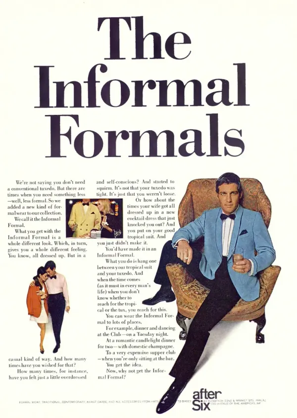Man in a blue dinner jacket lounges with a drink beside two smaller scenes of couples dressed for evenings out.