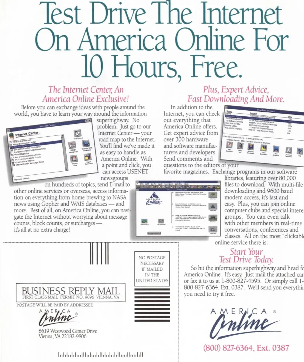 America Online print ad with a large free Internet trial headline, software screenshots, two explanatory columns, and a business reply card.