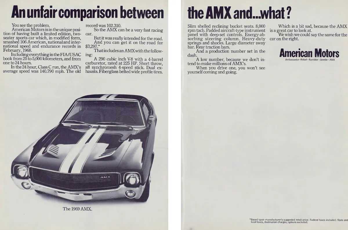 A striped 1969 AMX fills the left half of a two-page advertisement while the right half leaves an empty space for its supposedly nonexistent competitor.
