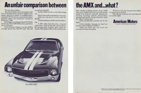 A striped 1969 AMX fills the left half of a two-page advertisement while the right half leaves an empty space for its supposedly nonexistent competitor.