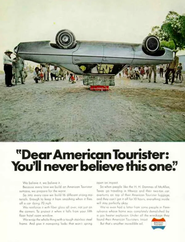 An overturned car rests on American Tourister luggage as bystanders gather, above a large quoted headline.