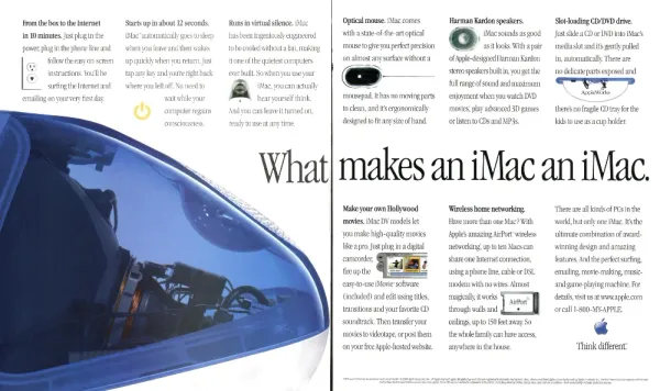 Apple iMac double-page spread with a close view through the translucent blue shell and short illustrated columns describing its features.