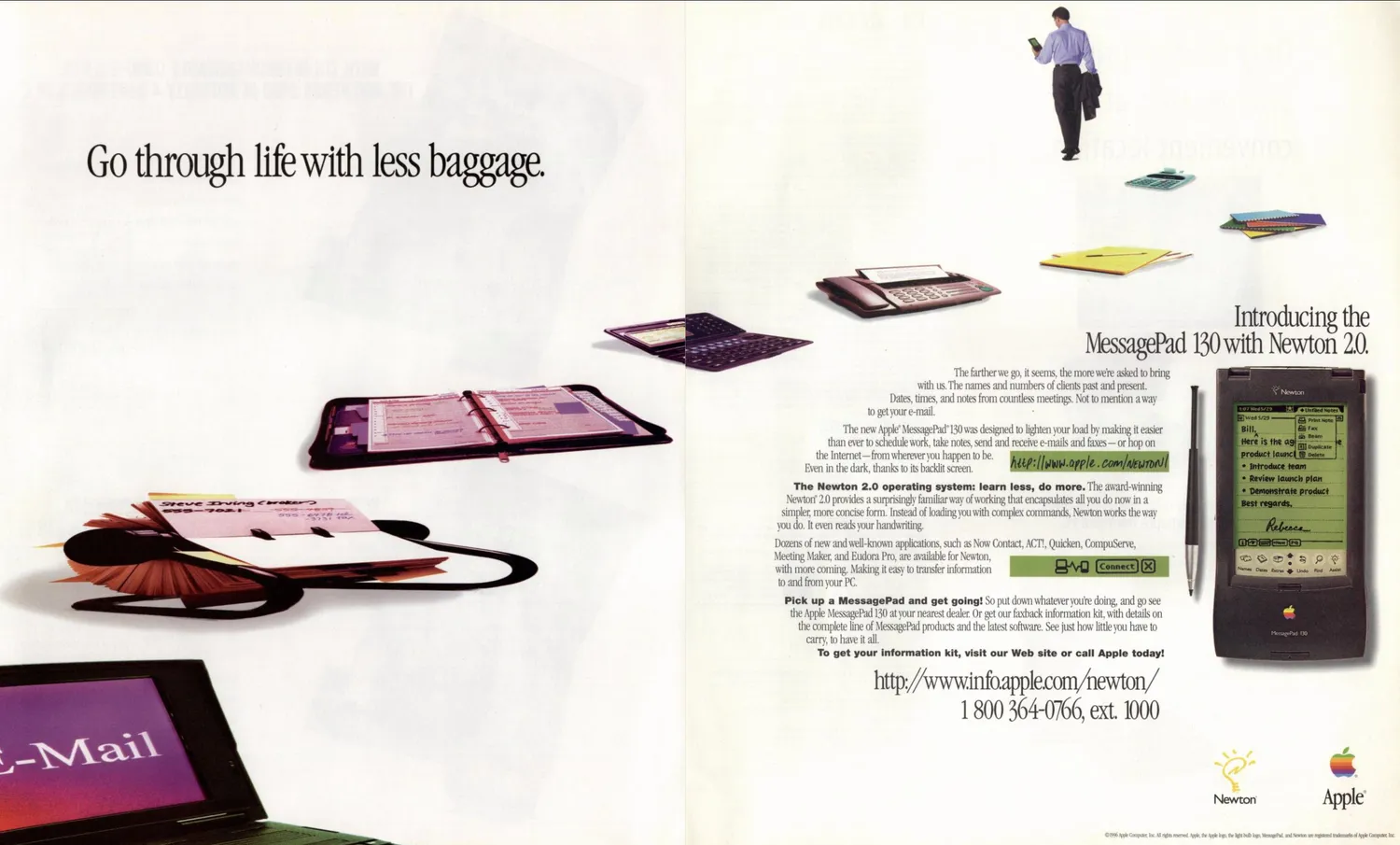 Office equipment recedes across a white spread toward a man carrying a handheld device, with the Apple Newton MessagePad 130 pictured at right.