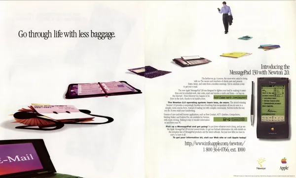 Office equipment recedes across a white spread toward a man carrying a handheld device, with the Apple Newton MessagePad 130 pictured at right.