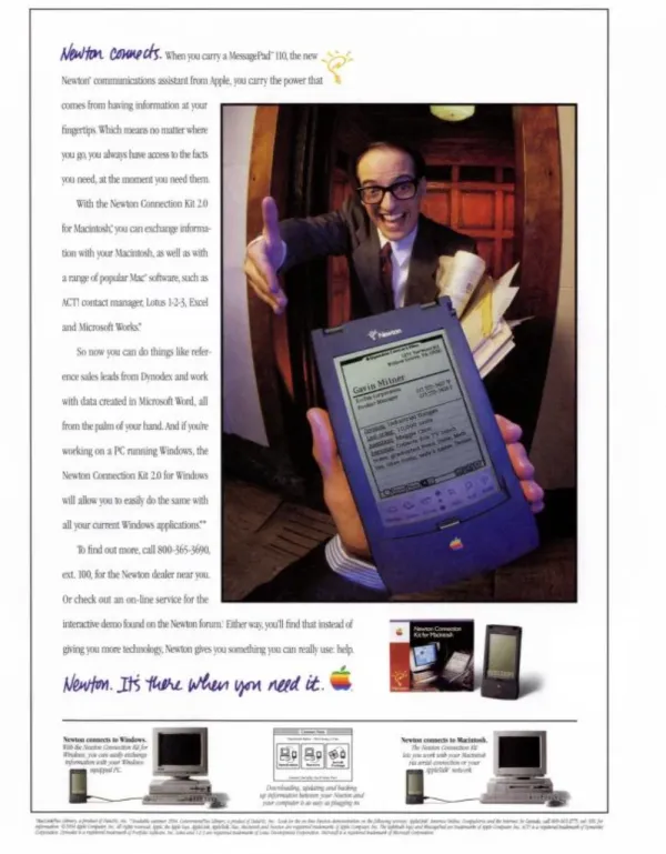 Apple Newton ad shows a MessagePad 110 held toward the reader while a man reaches forward; small Macintosh and Windows connection diagrams sit below.
