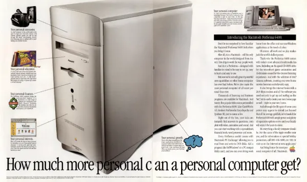 Apple print advertisement from 1996 showing a Macintosh Performa 6400 surrounded by callouts for family computing, education, finances and personal interests.