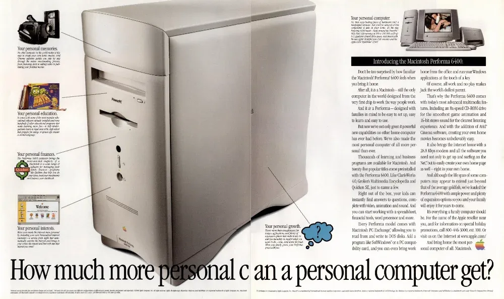 Apple print advertisement from 1996 showing a Macintosh Performa 6400 surrounded by callouts for family computing, education, finances and personal interests.
