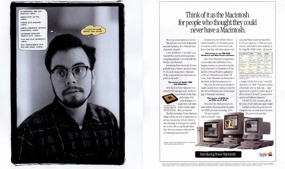 Apple Power Macintosh spread with a bespectacled computer user and a handwritten thought bubble, a compatibility checklist, product comparisons, and Power Macintosh desktops.