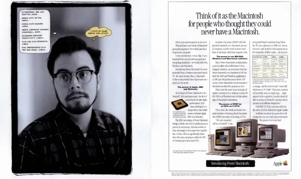 Apple Power Macintosh spread with a bespectacled computer user and a handwritten thought bubble, a compatibility checklist, product comparisons, and Power Macintosh desktops.