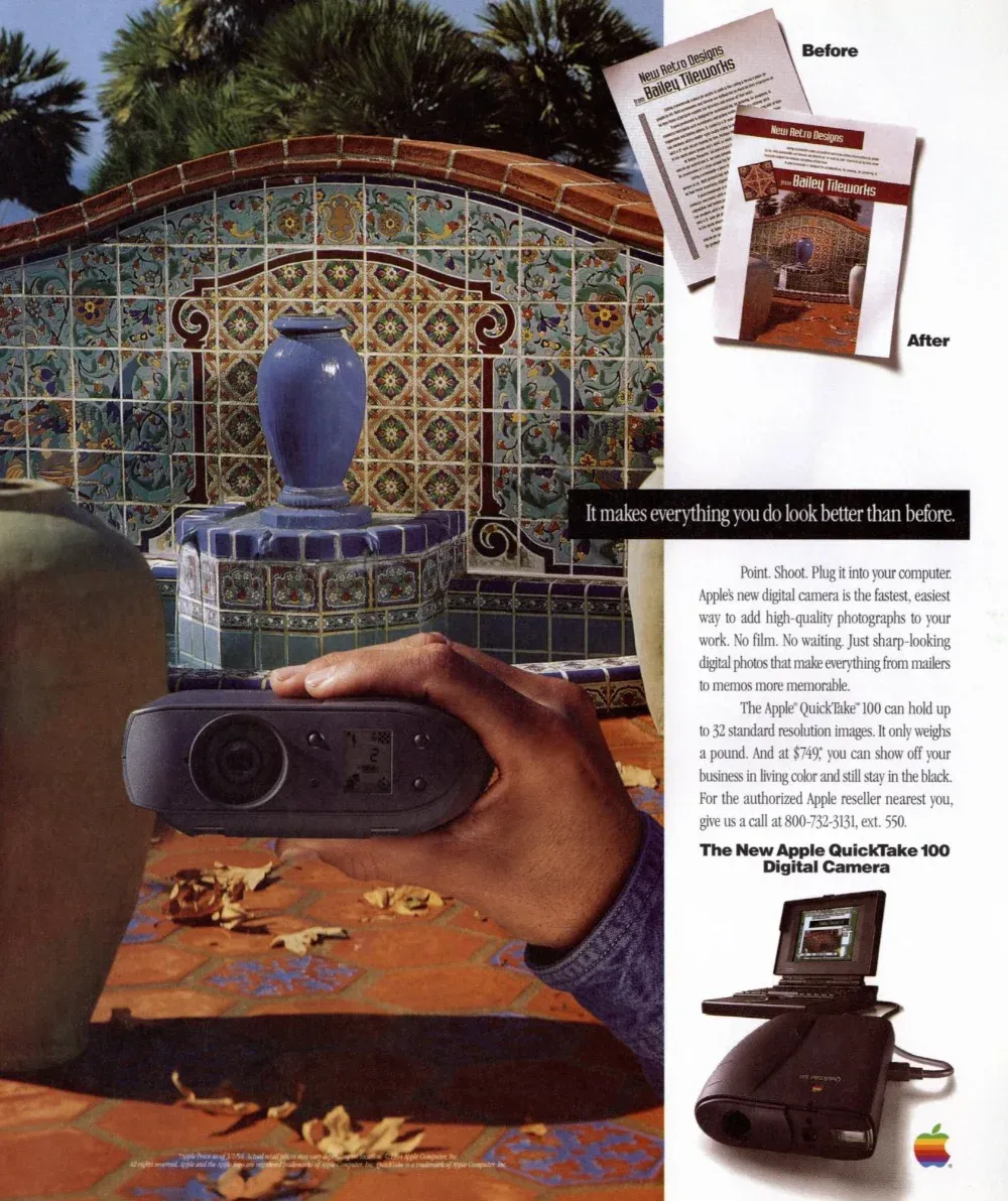 Apple QuickTake 100 camera held before a tiled fountain, with before-and-after printed business materials and a Macintosh on the right.
