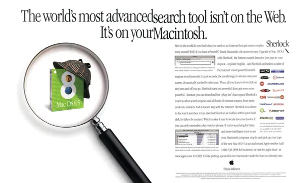 Apple Mac OS 8.5 Sherlock ad shows the software box beneath a detective's cap inside a large magnifying glass.