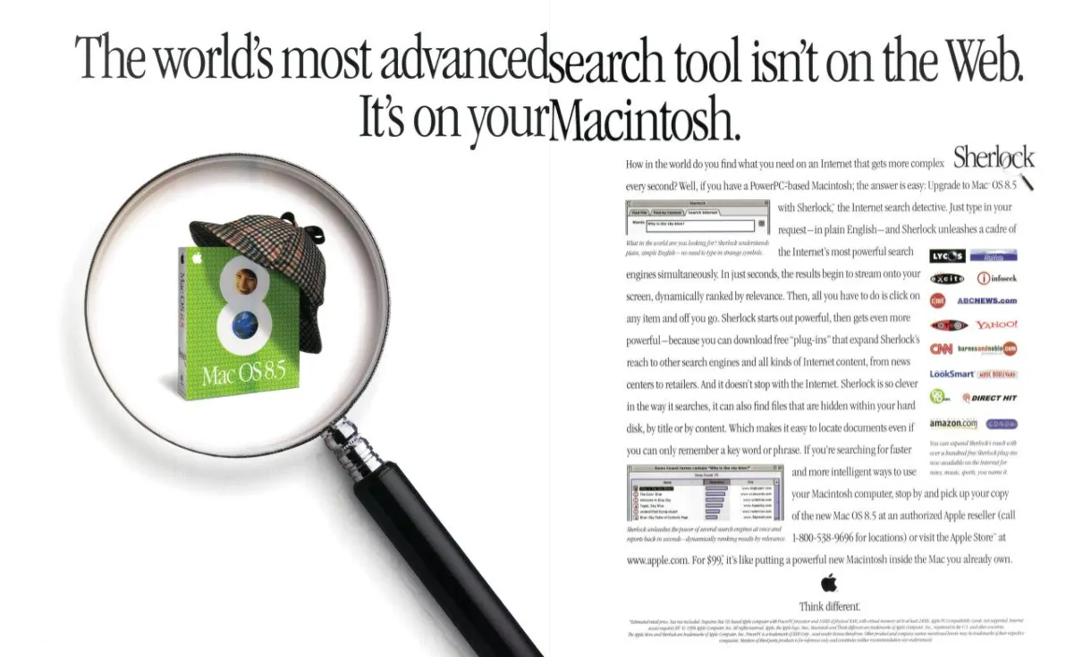 Apple Mac OS 8.5 Sherlock ad shows the software box beneath a detective's cap inside a large magnifying glass.