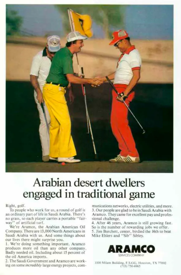 Three golfers on a Saudi Arabian course, two shaking hands while holding clubs, above an Aramco recruitment message.
