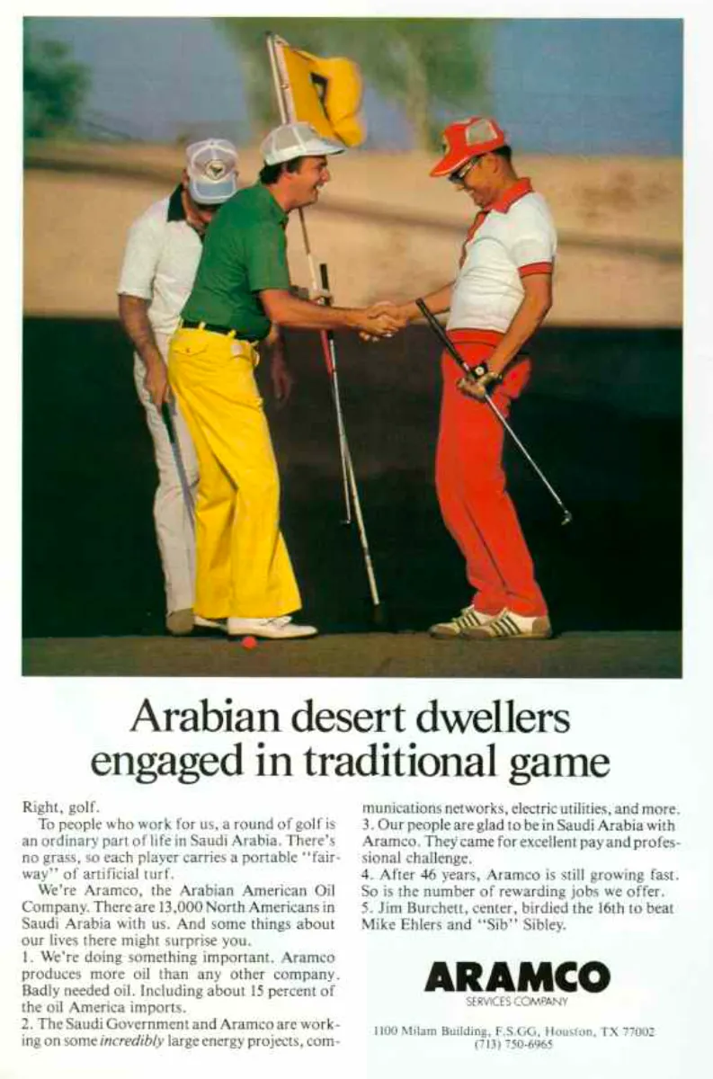 Three golfers on a Saudi Arabian course, two shaking hands while holding clubs, above an Aramco recruitment message.