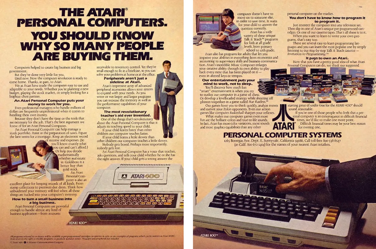 Two-page Atari ad with dense columns of home, school, business and game uses around photographs of Atari 400 and 800 computers.
