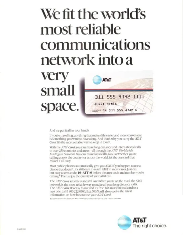 Minimal white AT&T ad with an oversized serif headline interrupted by a photograph of the AT&T calling card.