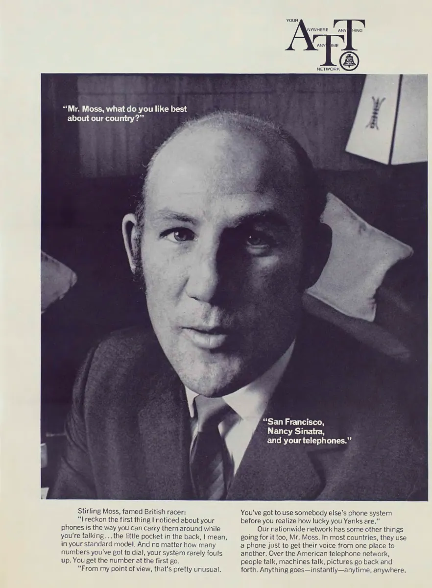 Black-and-white close portrait of British racing driver Stirling Moss, with a question and answer printed over the photograph and AT&T copy below.