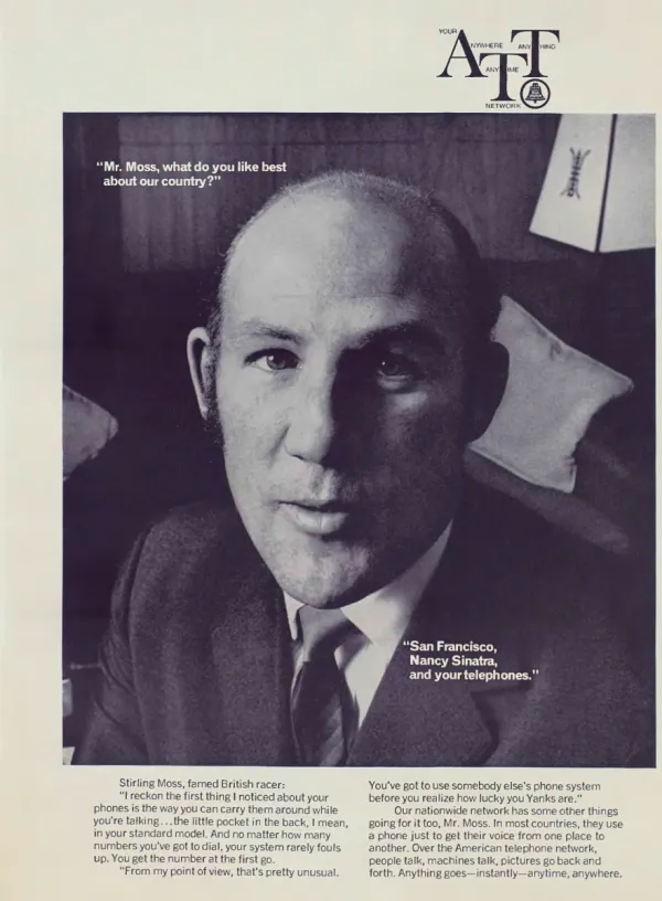 Black-and-white close portrait of British racing driver Stirling Moss, with a question and answer printed over the photograph and AT&T copy below.