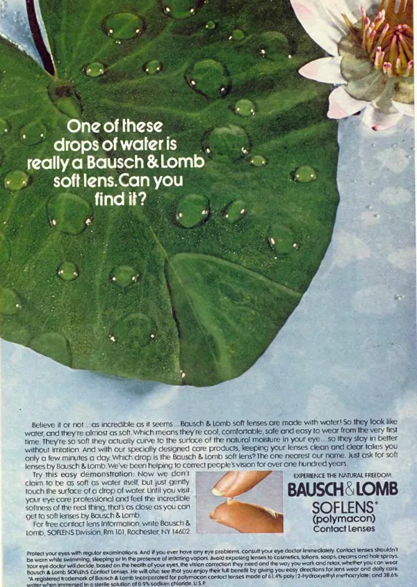 Water droplets on a green leaf conceal a Bausch & Lomb soft contact lens; product explanation and eye-care cautions appear below.