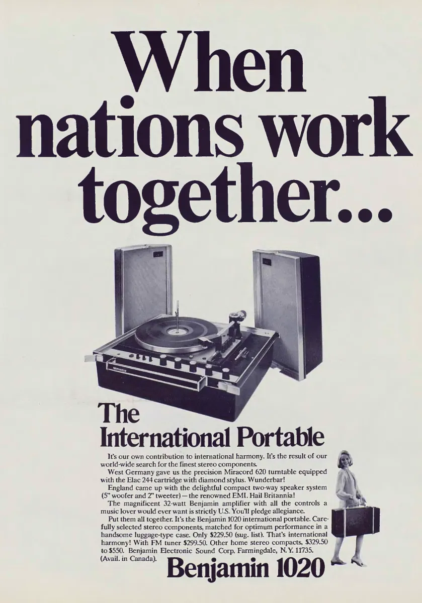 A Benjamin 1020 turntable and two speakers sit below an oversized international-cooperation headline; a woman carries the closed case at lower right.