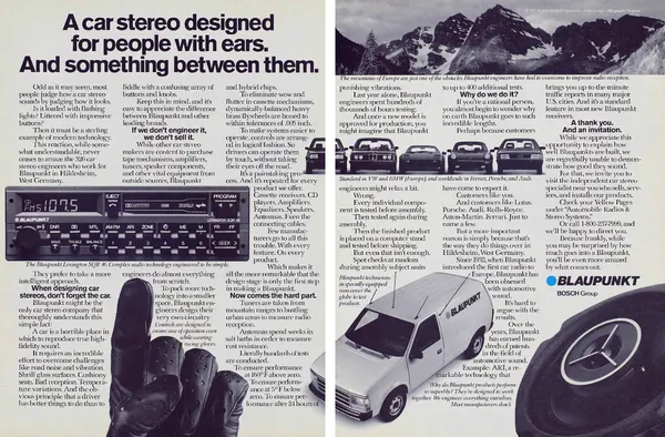 A Blaupunkt spread combines a Lexington cassette receiver, driving gloves, mountains, European cars, a test van and a speaker around six columns of engineering copy.