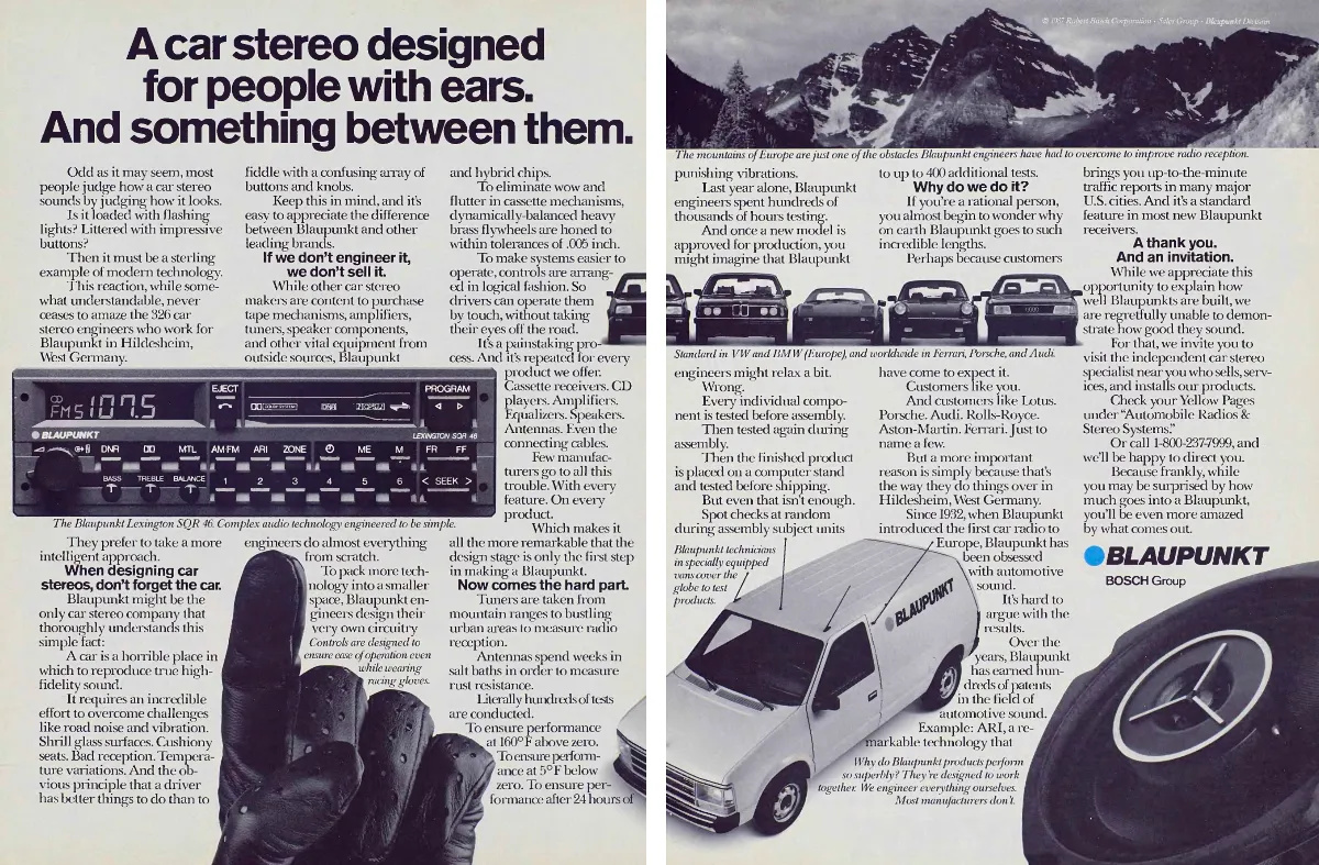 A Blaupunkt spread combines a Lexington cassette receiver, driving gloves, mountains, European cars, a test van and a speaker around six columns of engineering copy.