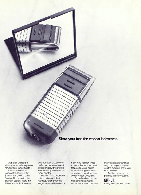 Braun print advertisement from 1990: Show your face the respect it deserves.