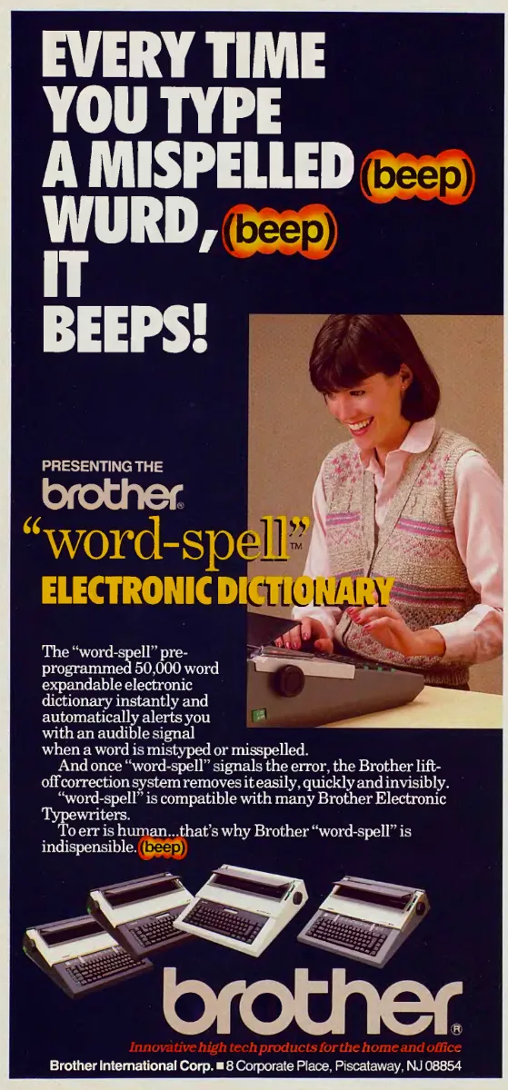 Brother word-spell advertisement with deliberately misspelled words and orange beep symbols above a woman typing and four electronic typewriters.