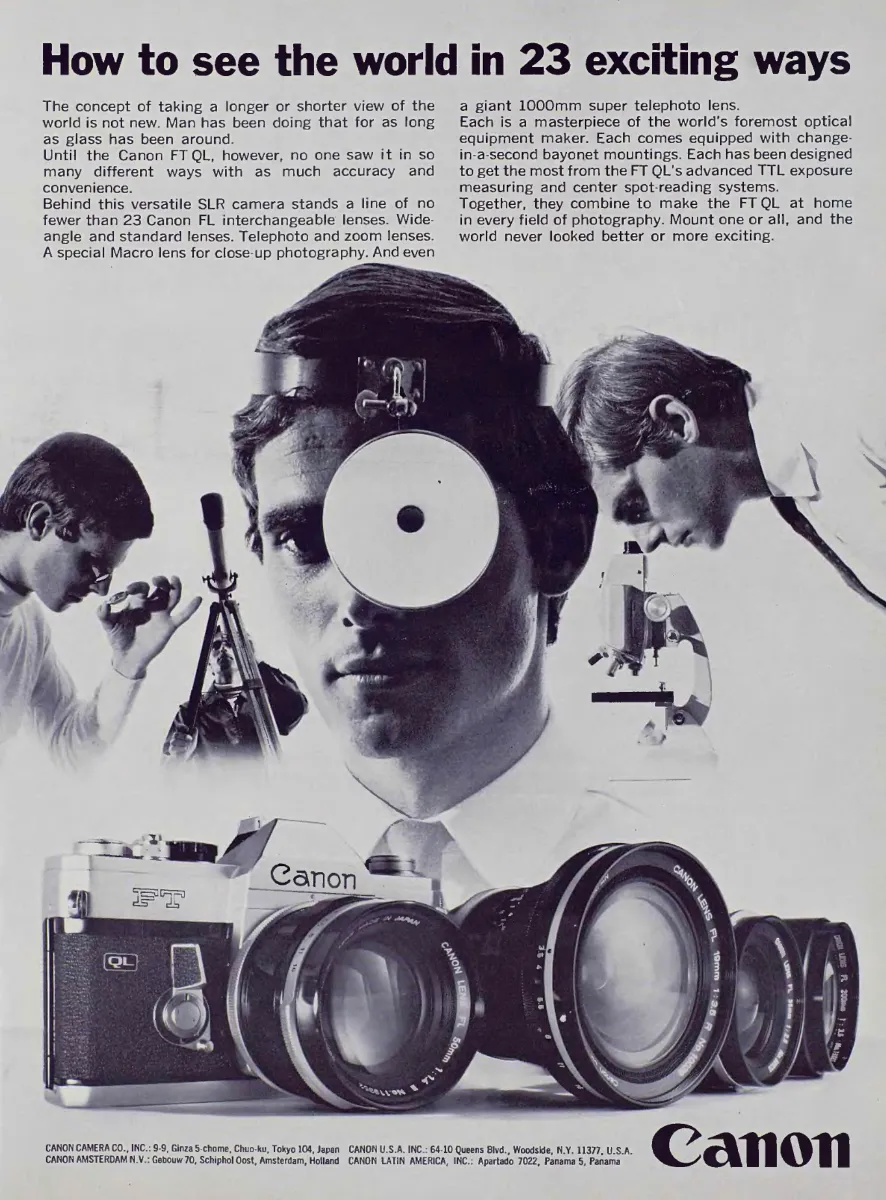 Canon FT QL camera and several lenses beneath three photographic scenes, including a central face partly covered by a circular lens.