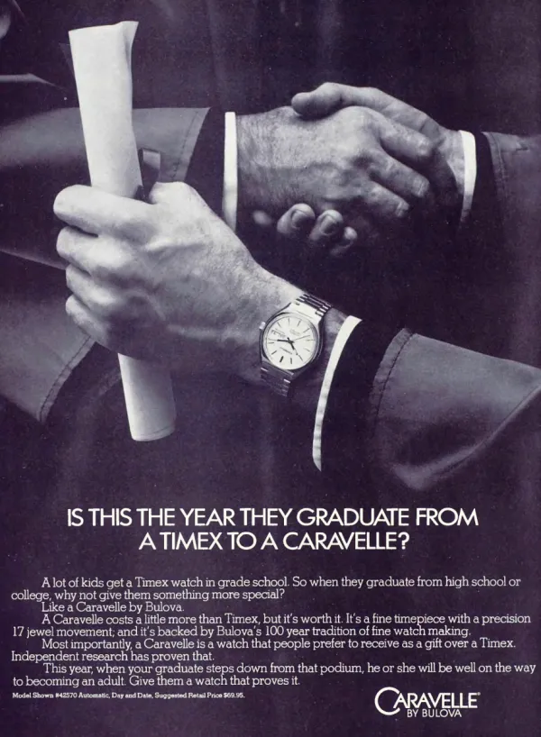 Black-and-white close-up of a graduation diploma and a handshake; a Caravelle wristwatch is prominent above the copy.