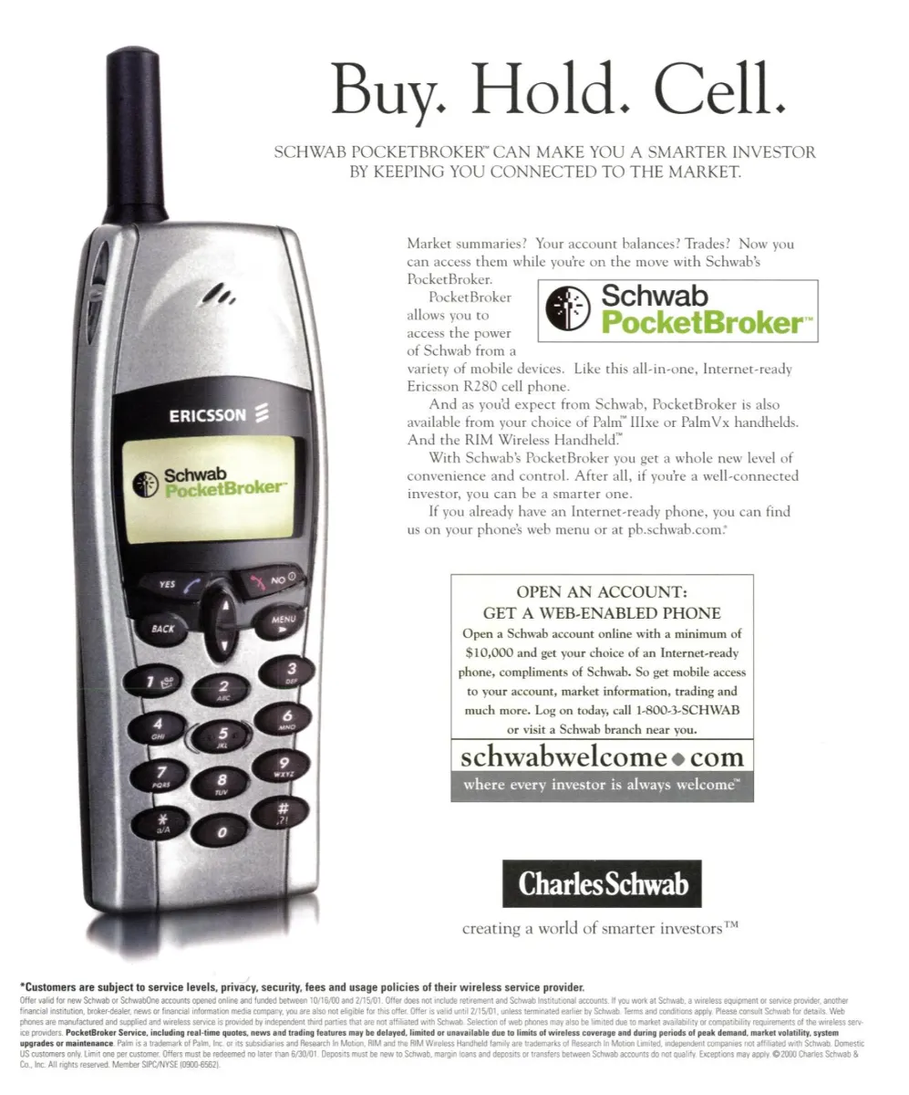 Large Ericsson mobile phone displaying Schwab PocketBroker beside copy about mobile market information and a web-enabled phone offer.
