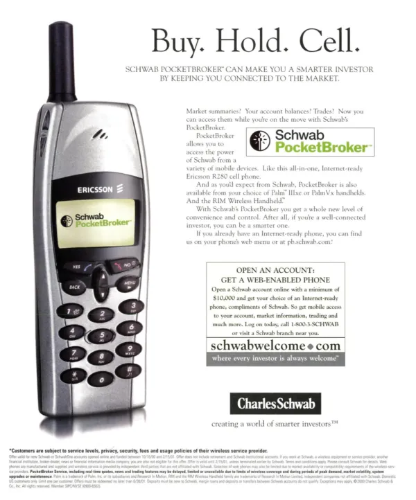 Large Ericsson mobile phone displaying Schwab PocketBroker beside copy about mobile market information and a web-enabled phone offer.