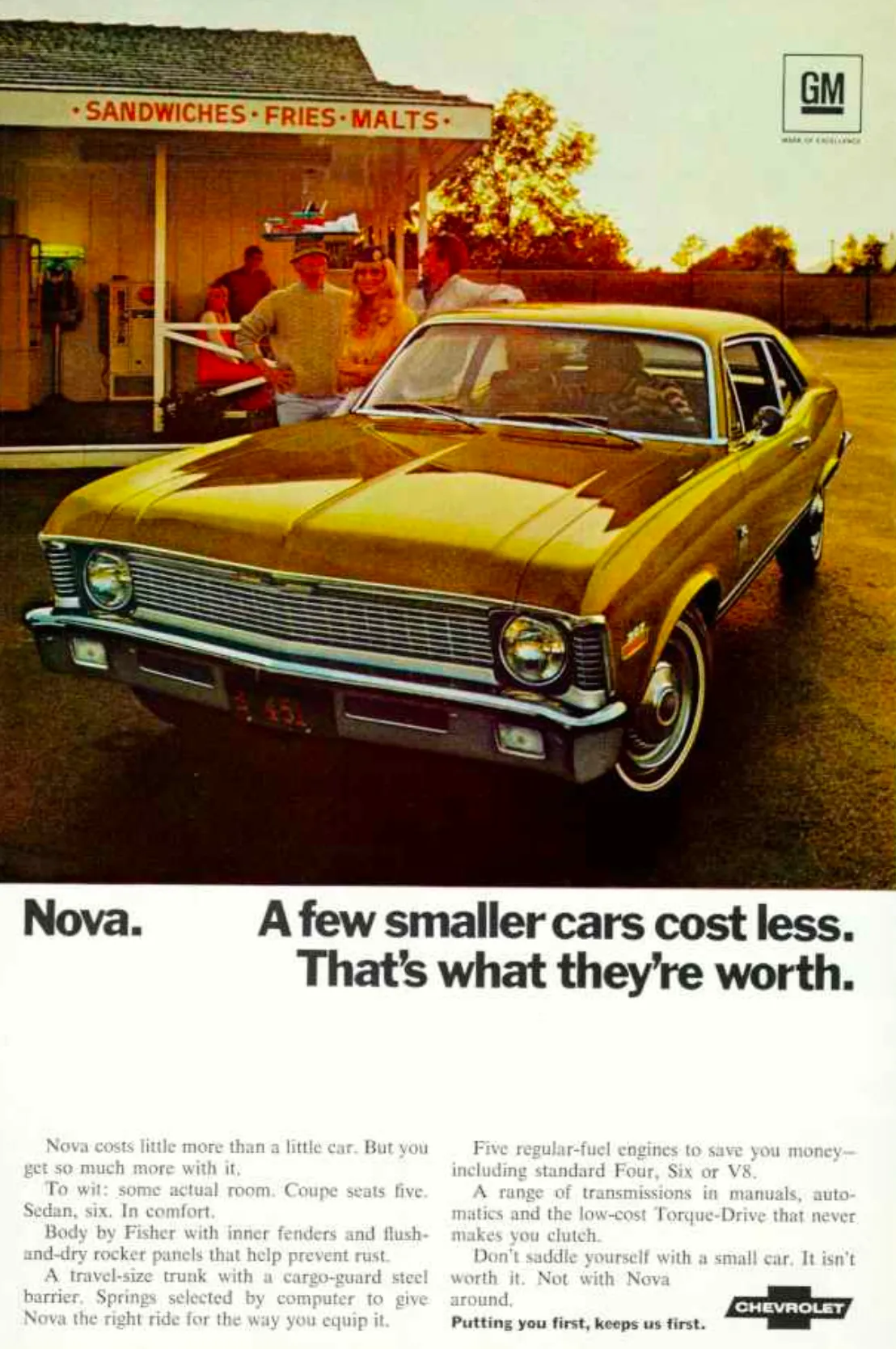 A gold Chevrolet Nova stands outside a roadside snack bar, above copy arguing that smaller cars offer less value.