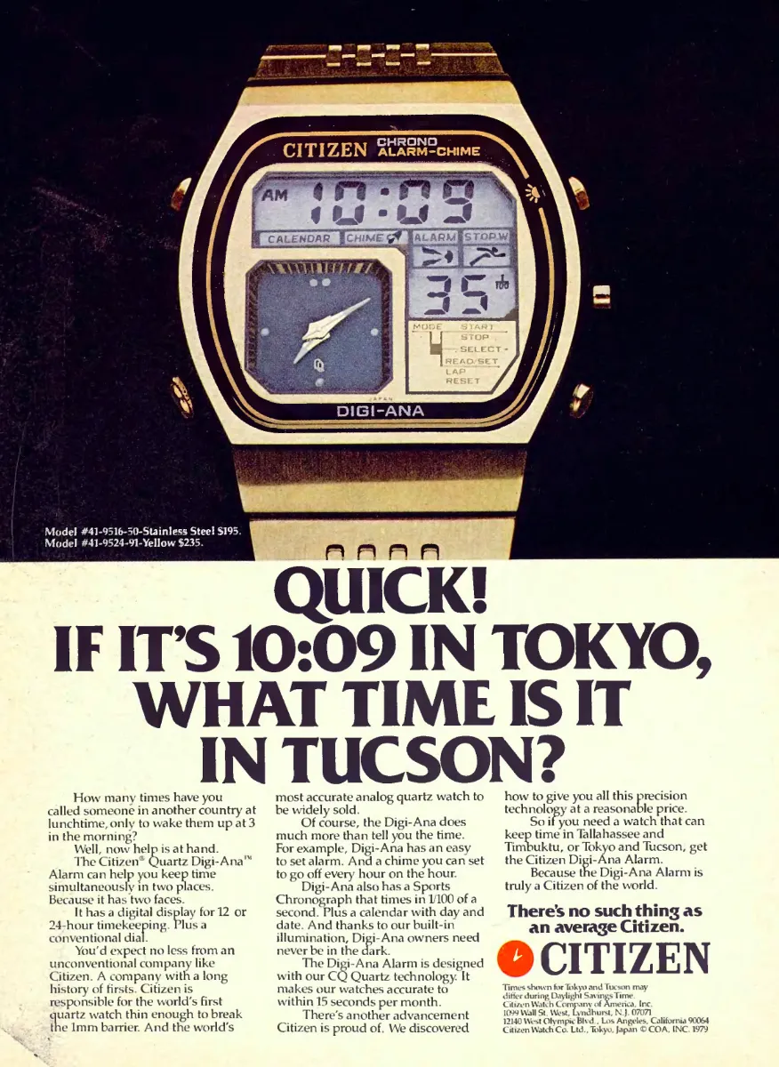 Gold Citizen Digi-Ana watch with analog and digital displays above a large Tokyo-to-Tucson time-zone question.