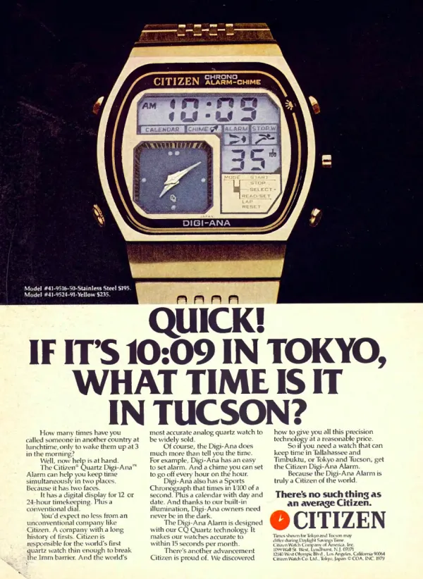 Gold Citizen Digi-Ana watch with analog and digital displays above a large Tokyo-to-Tucson time-zone question.