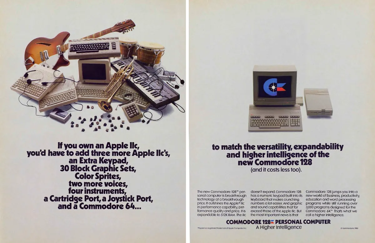 Two-page Commodore 128 spread contrasts a heap of Apple computers, instruments and accessories with a neatly arranged Commodore computer, monitor and disk drive.