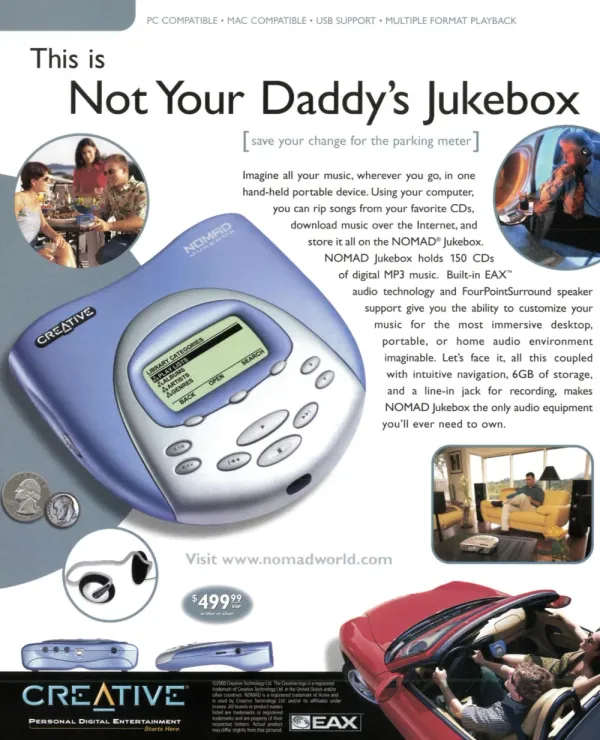 Creative NOMAD Jukebox ad with a large blue portable music player, small lifestyle scenes, coins, and a $499.99 price.