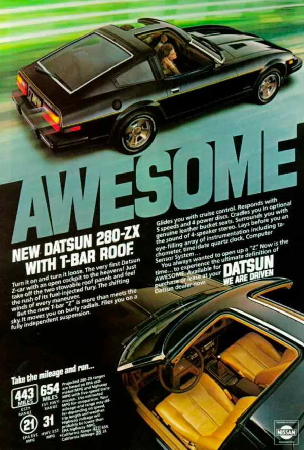 Black Datsun 280-ZX photographed from above with its removable roof panels, above a second view into its tan interior.