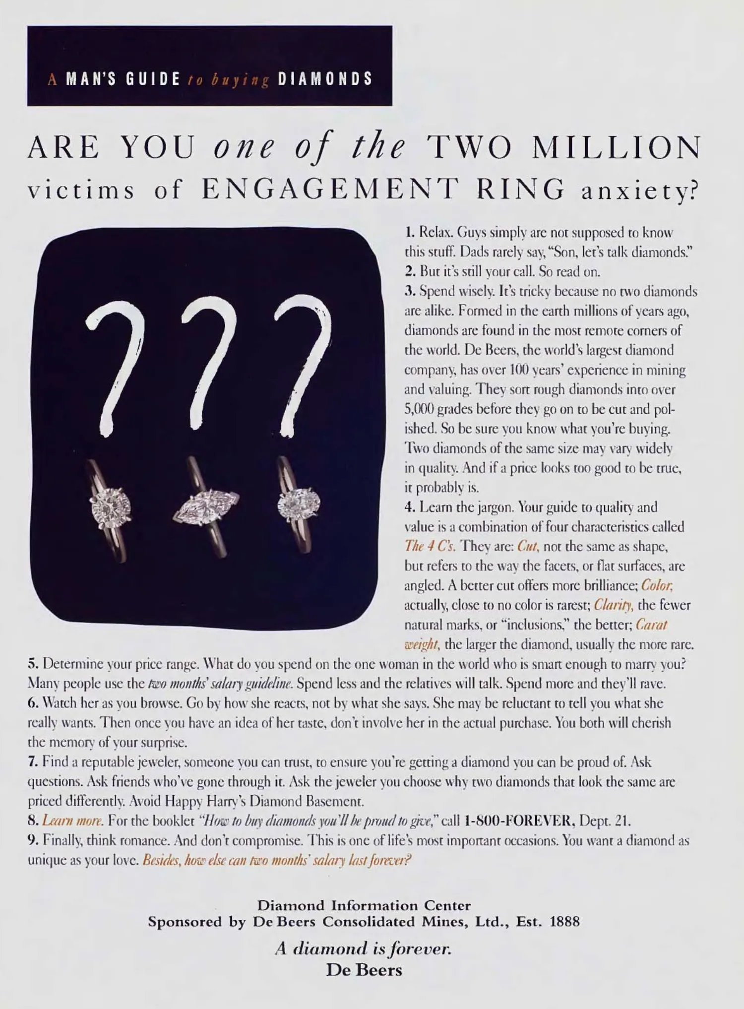 A De Beers diamond advertisement featuring three question marks above a man's guide to buying diamonds.