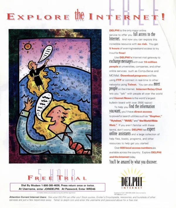Delphi Internet ad with an illustrated globe and speech bubbles, a feature-heavy column, and dial-by-modem free-trial instructions.