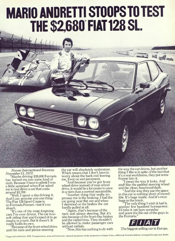 Mario Andretti stands beside a Fiat 128 SL on a racetrack, with a race car behind and three columns of quoted driving impressions below.
