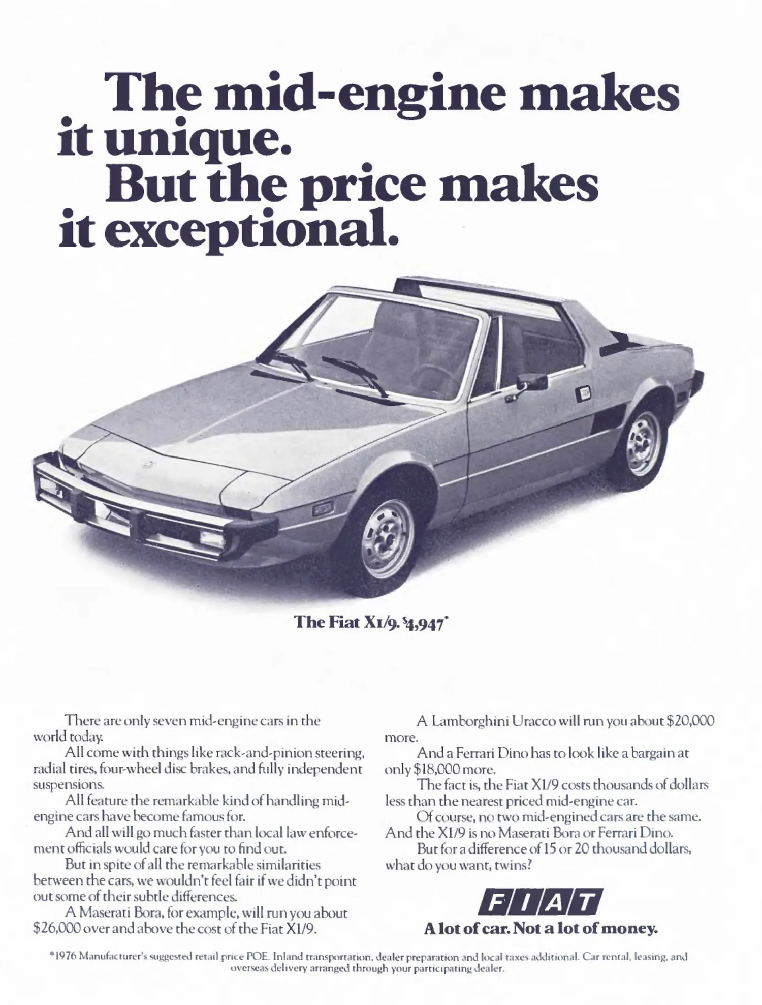 A Fiat X1/9 with its roof panel removed fills the page beneath a large headline, with its price and two columns comparing more expensive sports cars below.