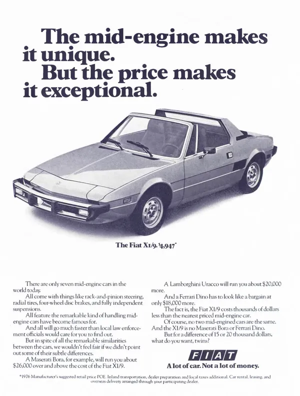 A Fiat X1/9 with its roof panel removed fills the page beneath a large headline, with its price and two columns comparing more expensive sports cars below.