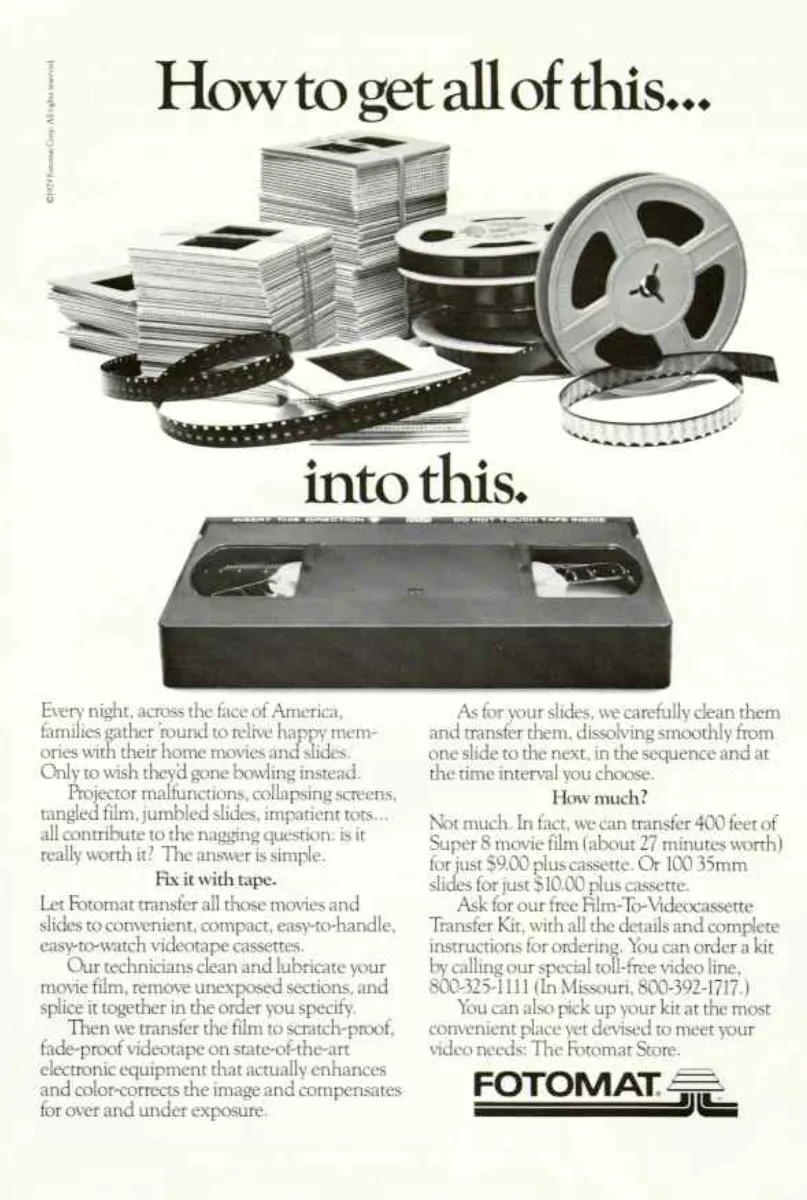 Stacks of photographic slides and movie-film reels above a single videocassette, illustrating Fotomat's transfer service.