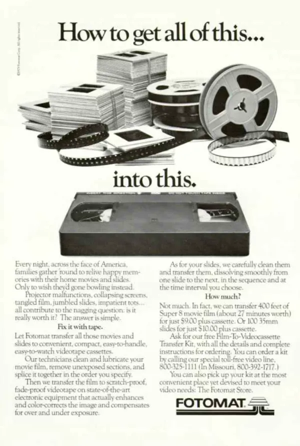 Stacks of photographic slides and movie-film reels above a single videocassette, illustrating Fotomat's transfer service.