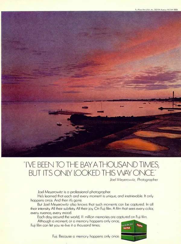 Fuji Film print advertisement from 1980: I've been to the bay a thousand times, but it's only looked this way once.