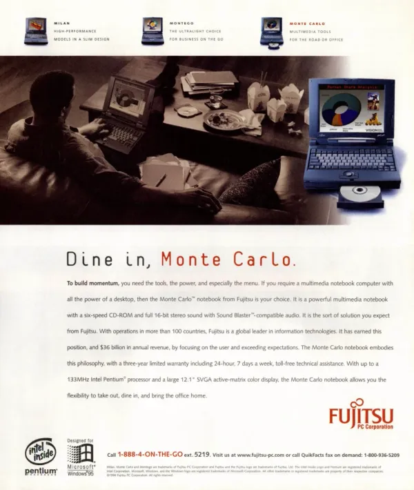 Fujitsu Monte Carlo notebook ad showing a laptop beside restaurant takeout, with Milan and Montego models across the top.