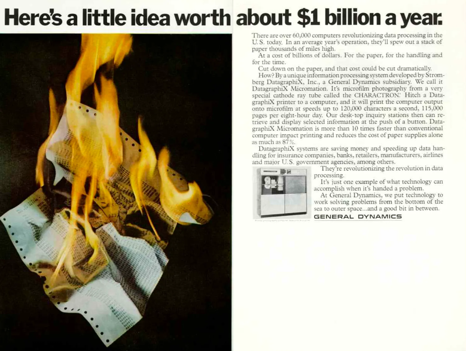 A two-page ad pairs burning computer printout paper with a long explanation of a DatagraphiX microfilm information system.